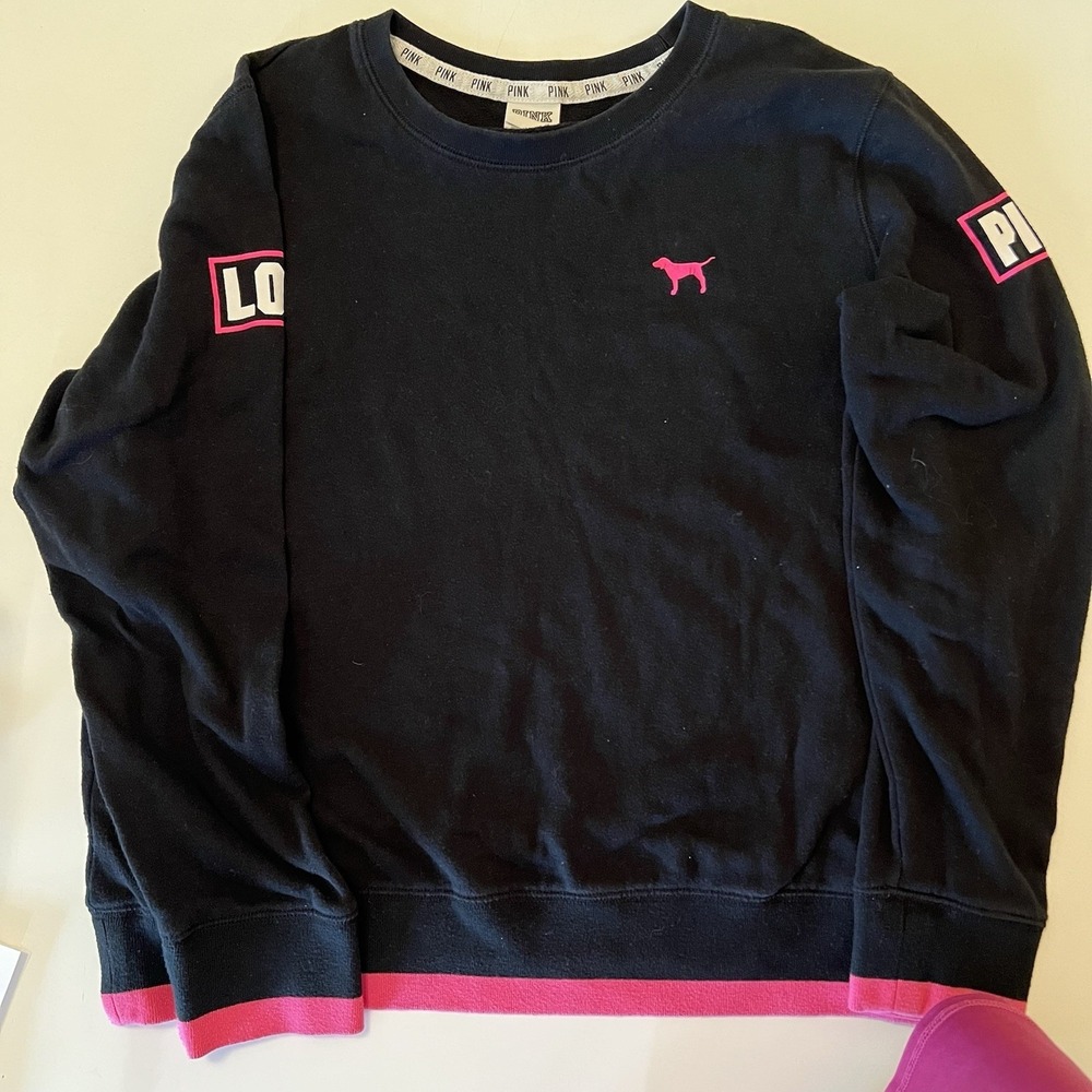 Victoria's Secret PINK Black Crewneck Sweatshirt Pink Trim Logo Pullover Sz M